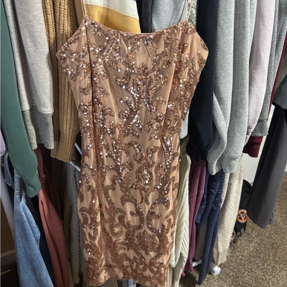 Lovely Day Glittering Sequin Mini Dress - Tan